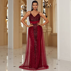 Ärmelloses, elegantes, langes Paillettenkleid aus Spitze mit V-Ausschnitt und rückenfreiem Oberteil – perfekt für Cocktailpartys, Abendveranstaltungen oder als Brautjungfernkleid.