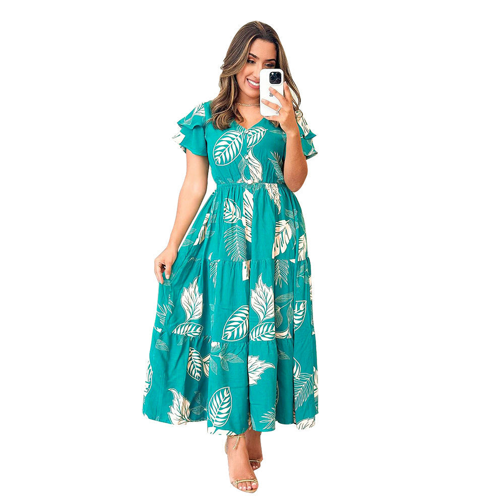 V neck Buttons Decorative Elastic Waisted Stitching A Line Dress