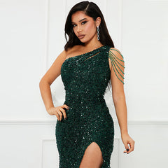 Wear Sequined One Shoulder Split Solid Color Slim Dress