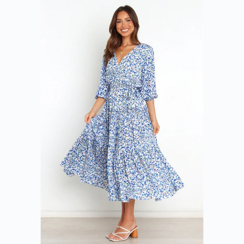Floral Fresh Sweet Mid-Sleeve V neck Dress