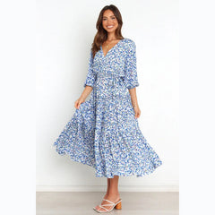 Floral Fresh Sweet Mid-Sleeve V neck Dress