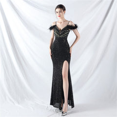 Craft Order Ostrich Feather Sequin Ladies Party Evening Dress Long Sleeveless Split Toast Dress