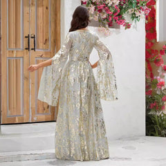 Vestido de cóctel de noche para mujer, manga larga, estampado bronceado, cintura árabe