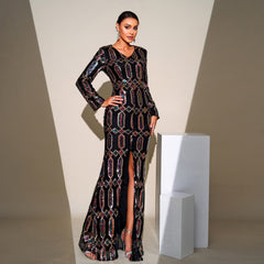 Vestido de cóctel de noche de alta gama con lentejuelas, manga larga y escote en V, vestido de dama de honor