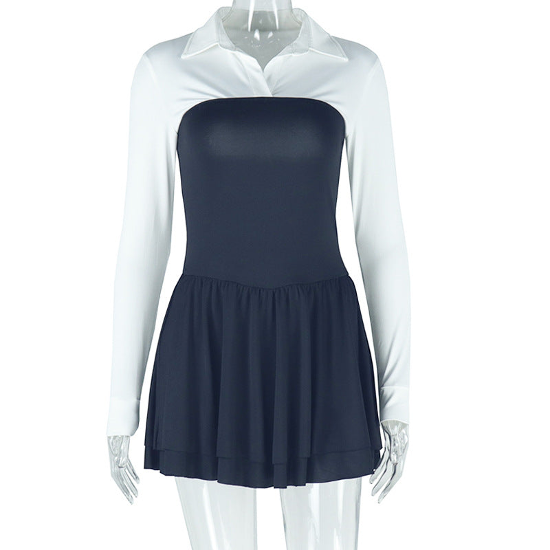 Vestido tipo cárdigan de dos piezas con cuello camisero y costuras de color liso y contraste.