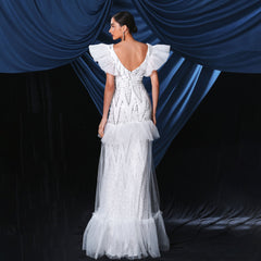 Vestido de noche elegante sin mangas con escote en V y lentejuelas largas para cóctel y cola de pez, vestido de dama de honor