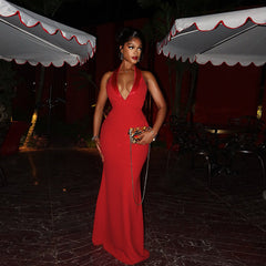 Vestido sin mangas con escote en V profundo, cuello halter, espalda descubierta y cintura alta