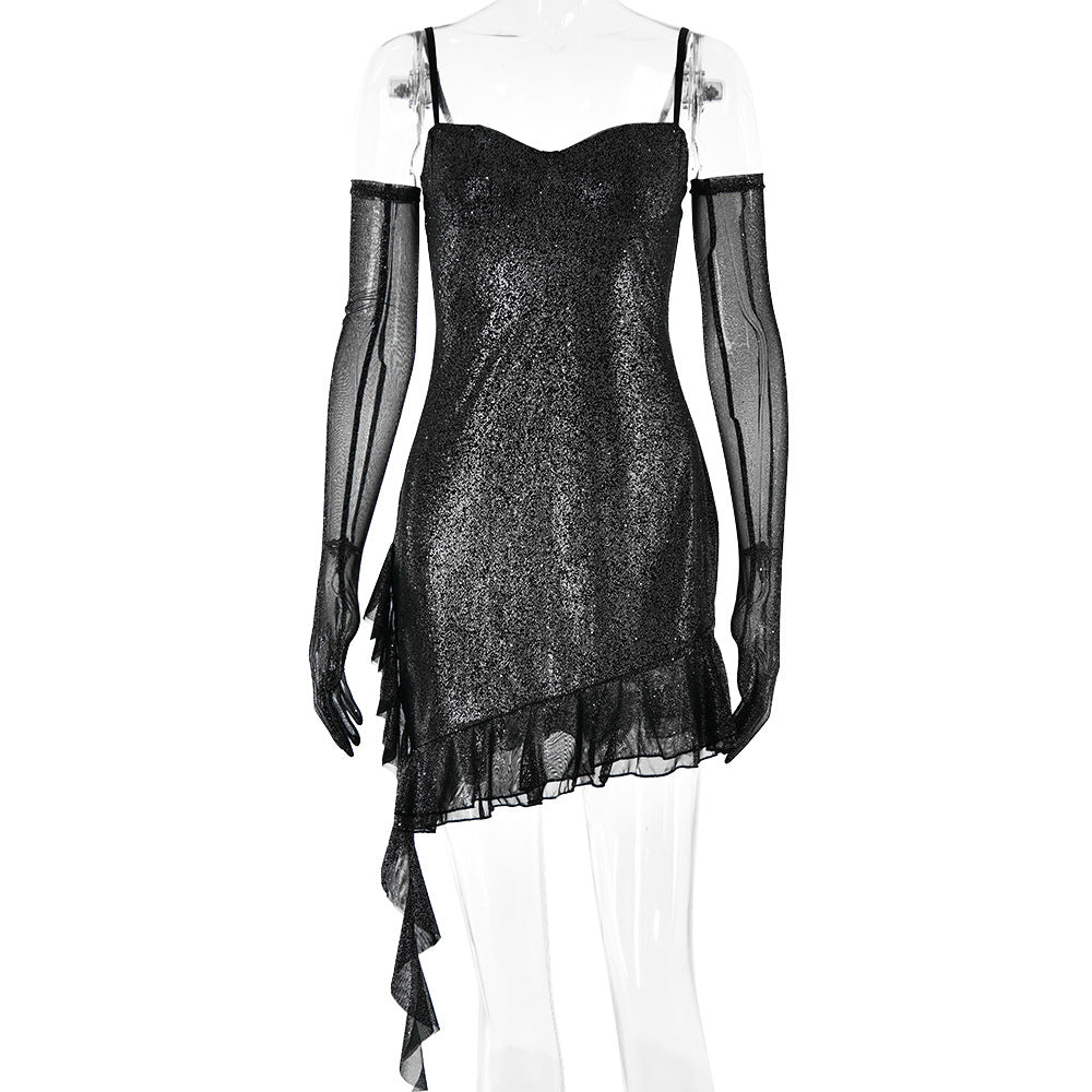 Mesh Silver Strap Tube Top Dress Backless Hip Dress