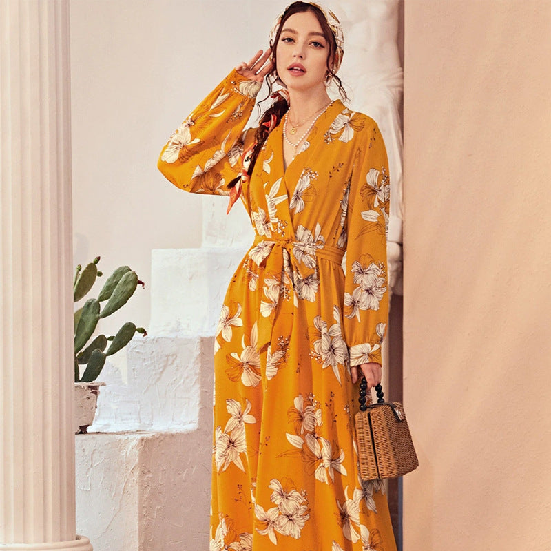 Printed V neck Long Sleeve Dress Long Sweet Dress