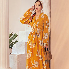 Printed V neck Long Sleeve Dress Long Sweet Dress
