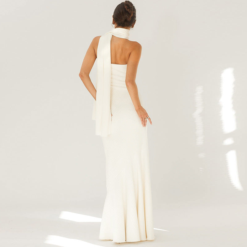 Vestido elegante de otoño, ajustado, de cintura media, cruzado en el pecho, con dobladillo de pez y estampado de chal en la parte inferior