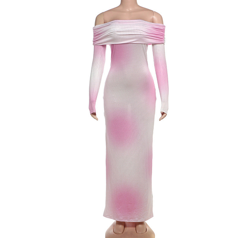 Elegante y elegante vestido largo a la cadera con bolso de hombro descubierto y color degradado brillante