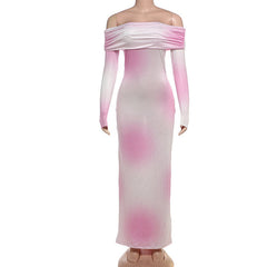 Elegante y elegante vestido largo a la cadera con bolso de hombro descubierto y color degradado brillante