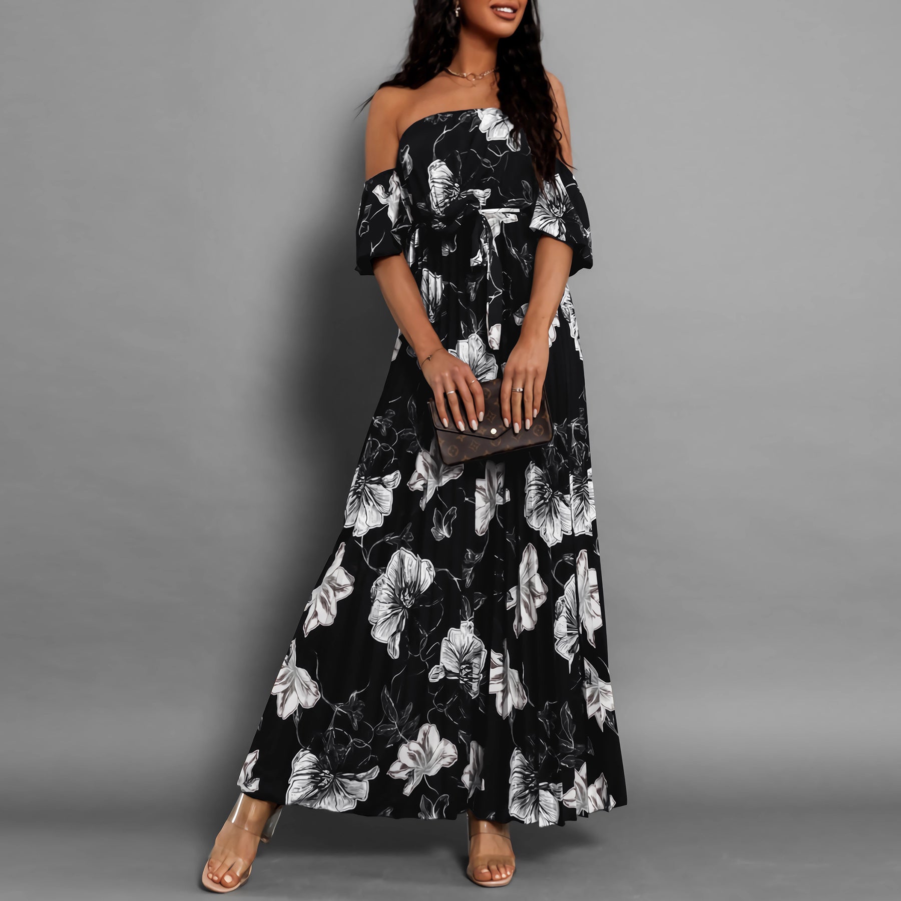 off Neck Pleated Printed Slip Shoulder Sleeve Floral Print Maxi Dress