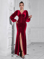 V neck Split Long Sleeve Dress Elegant Dinner