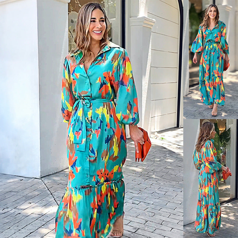 Dress Elegant Office Lace up Long Sleeve Printed Dress for