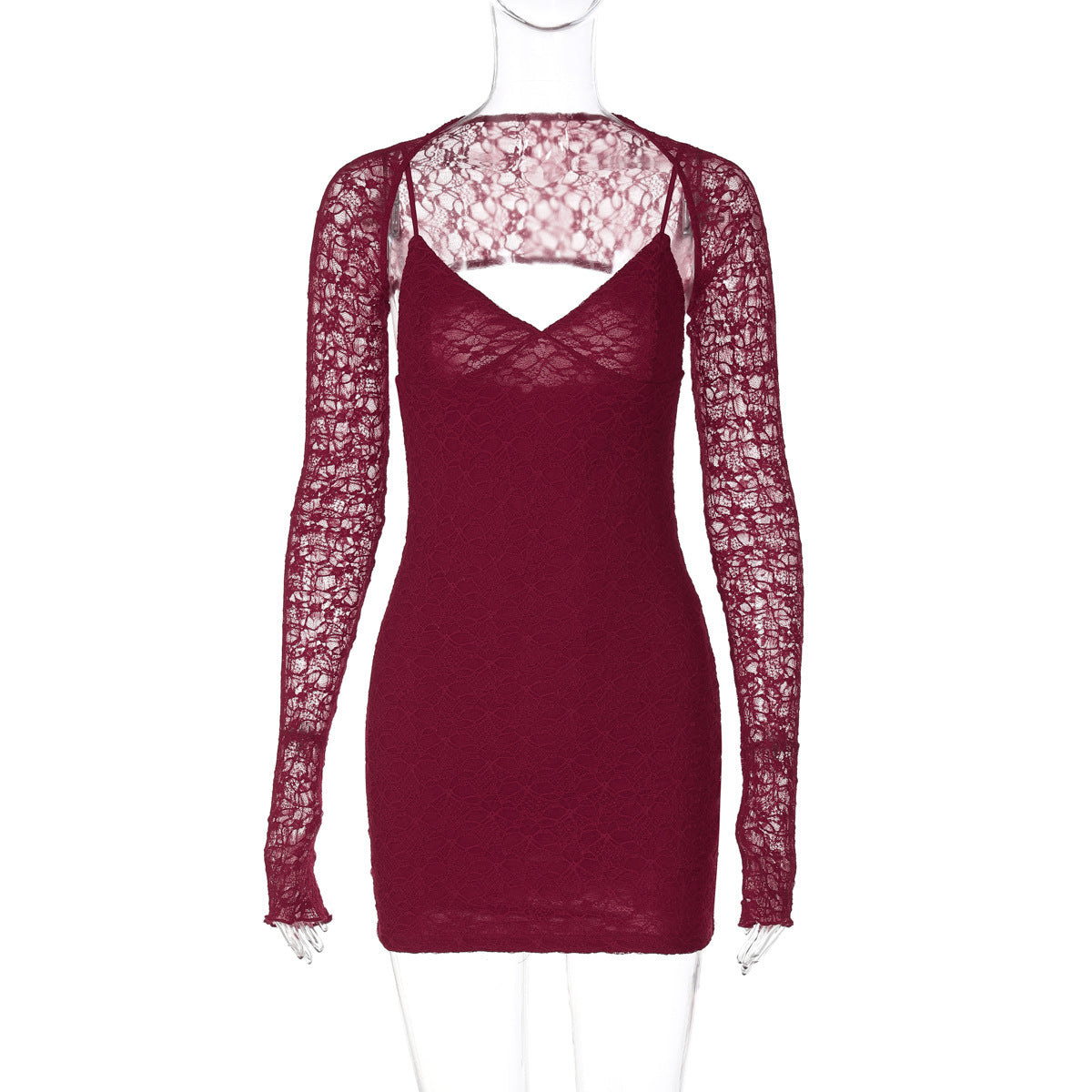 Vestido de tirantes con costura de encaje, rojo puro, corte entallado, escote en V, vestido de alta sociedad