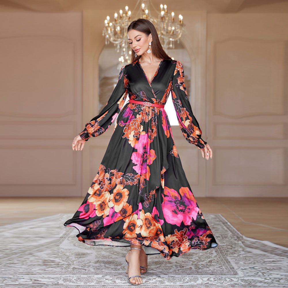 Vestido francés de talle alto con escote en V y gran vuelo con cinturón
