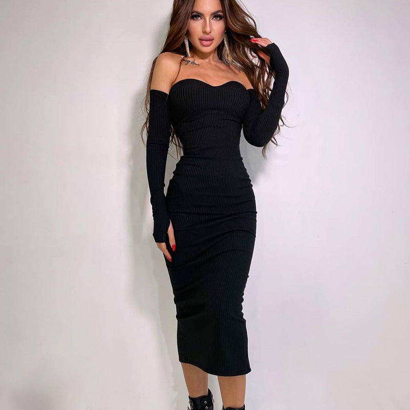 Fall Hip Knitwear Off Shoulder Long Sleeve Tube Top Dress