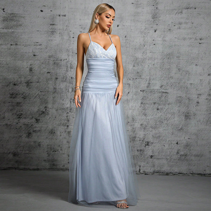 Vestido de noche, vestido de hada, vestido sencillo de malla de alta gama, exquisito vestido de vacaciones en la playa, vestido camisola