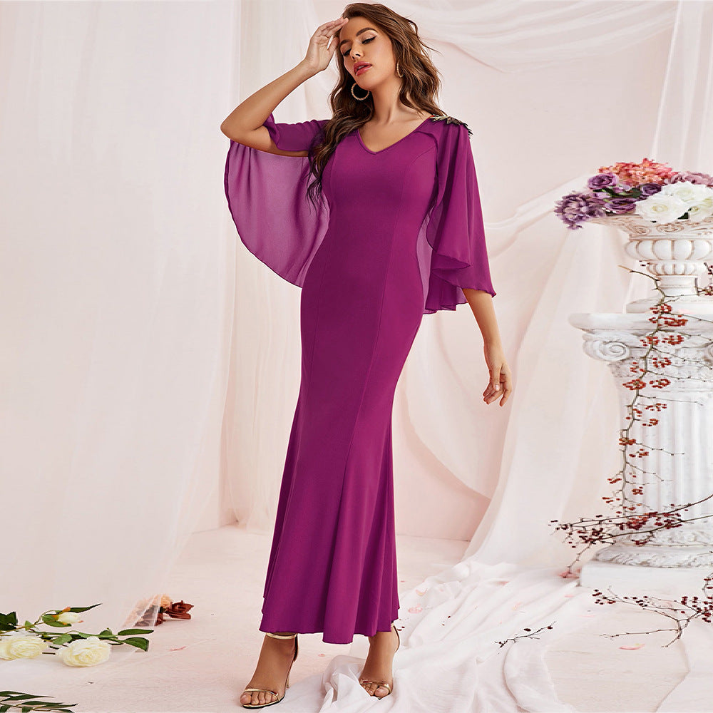 Dress V Neck Mesh Slim Ruffle Sleeve One Step Dress