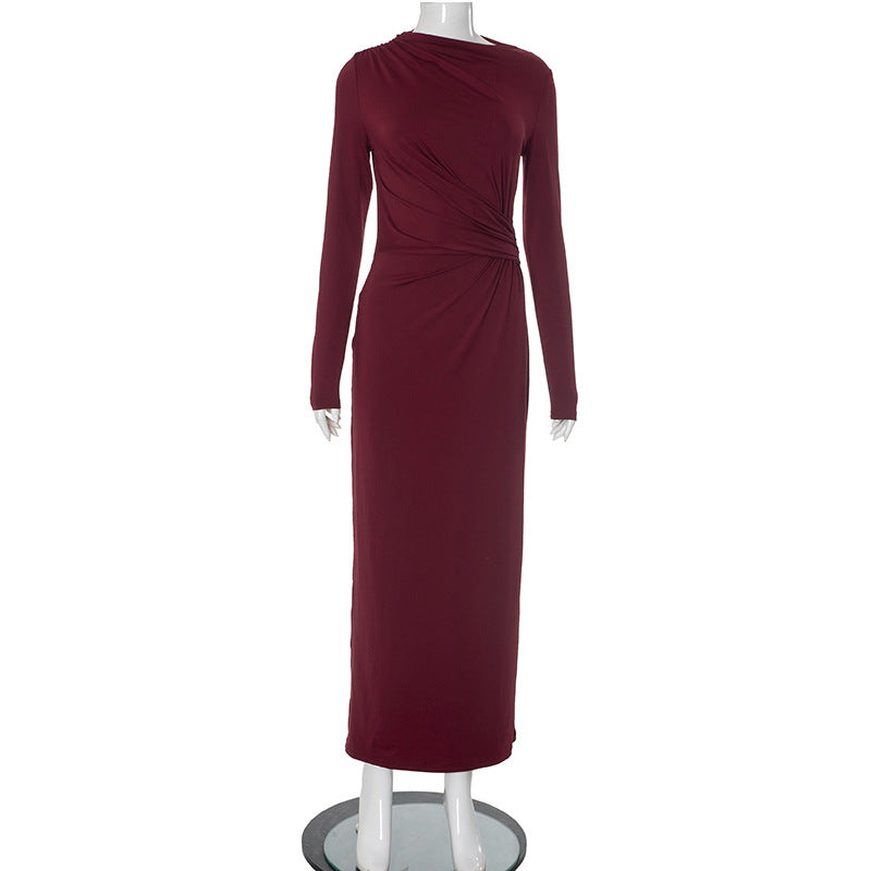 Solid Color Waist Tight Pleated Long Sleeve Intellectual Elegant Dress