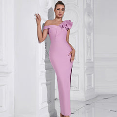 Vestido ajustado de color liso con hombros oblicuos y abertura lateral, elegante vestido de vendaje