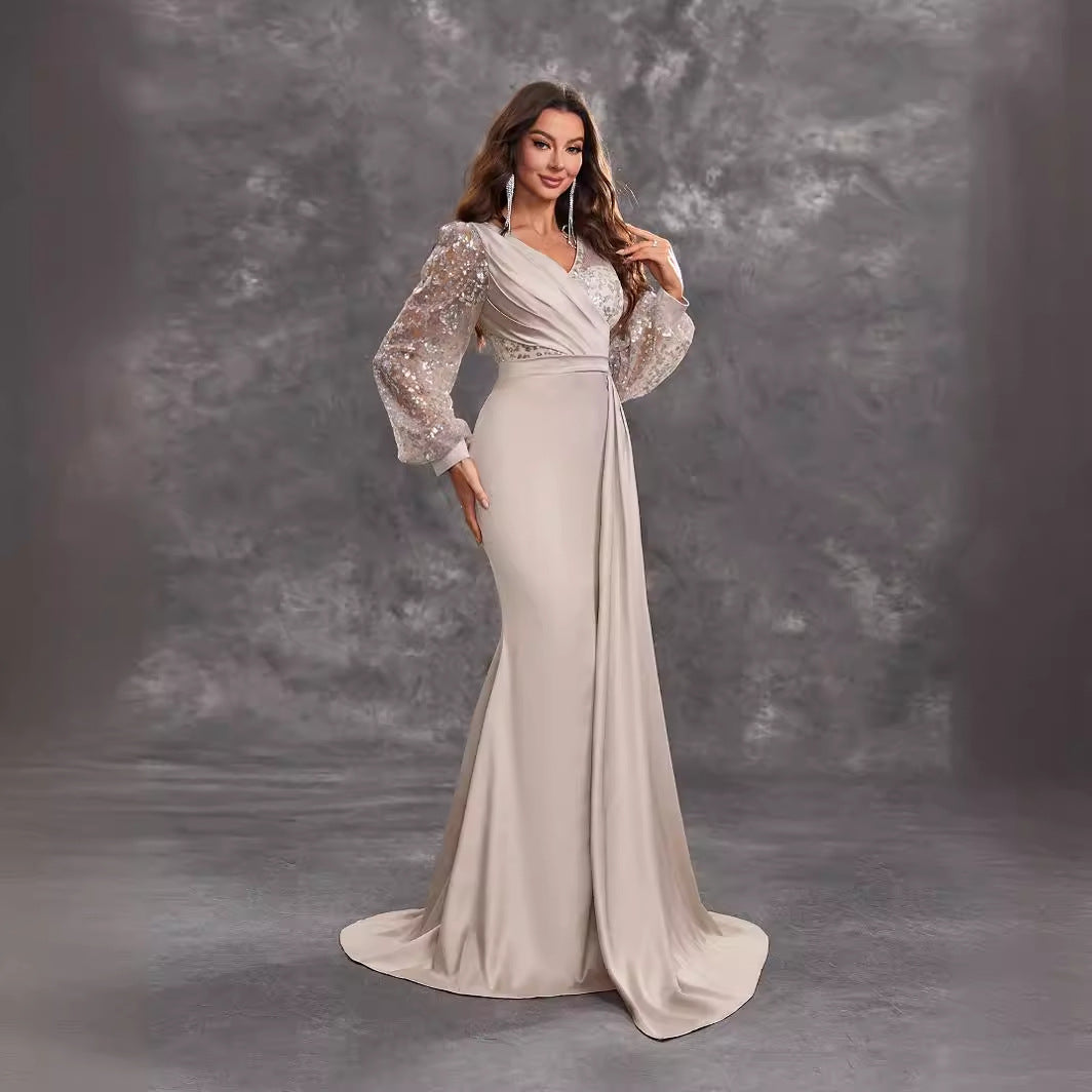 Cocktail Party Evening Dress Sequined Satin V neck Long Sleeve Elegant Evening Gown