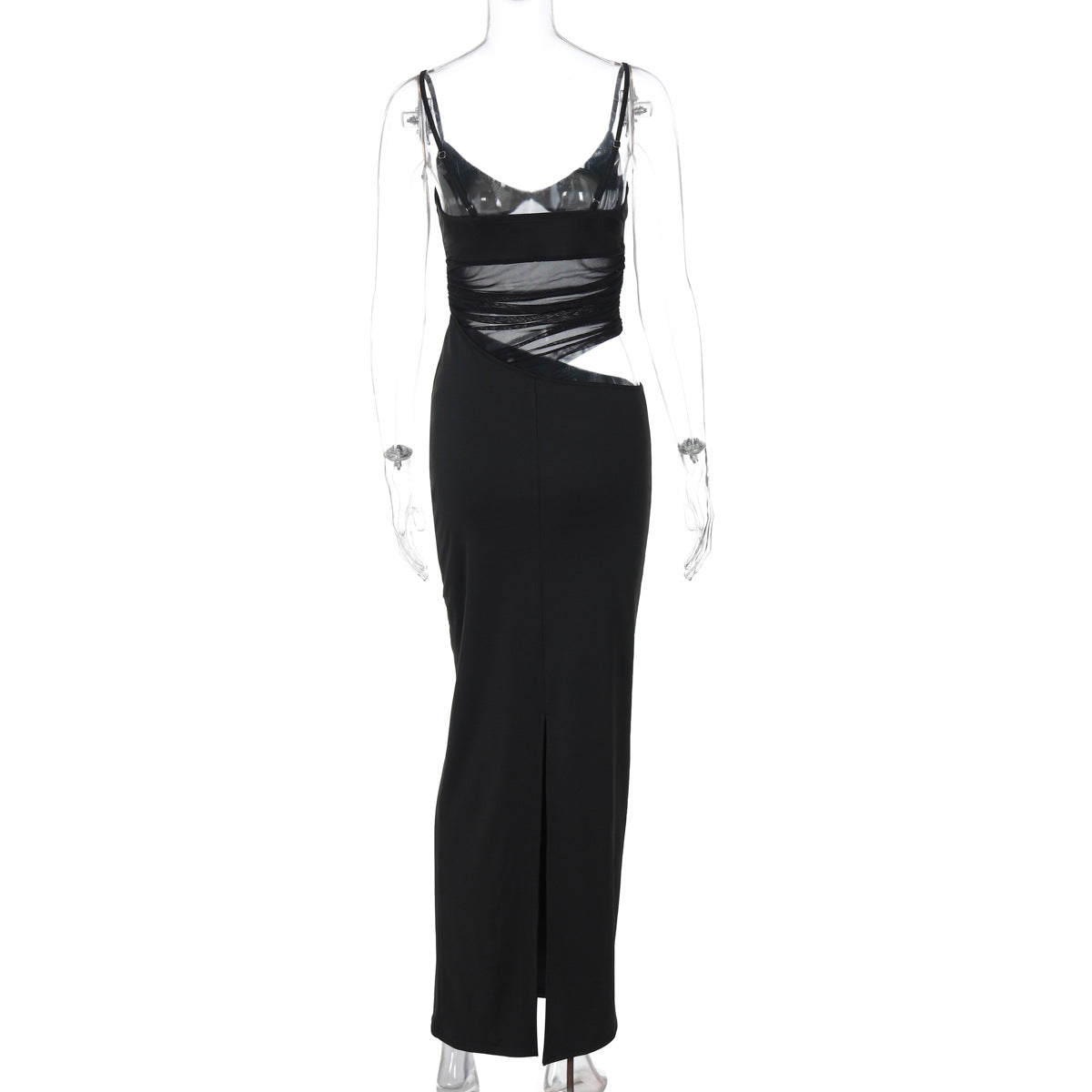 Vestido de tirantes con aberturas de malla y retazos transparentes