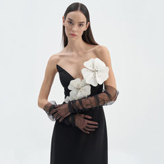 Black Tube Top Dress Floral Diamond Core Split off-Shoulder Design