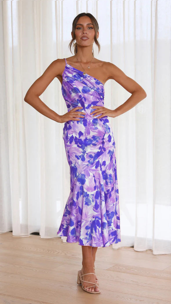 Diagonal Collar Strap Fishtail Printing Dress