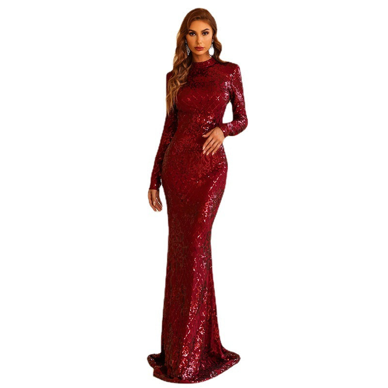 Vestido elegante de alta gama para boda, fiesta, graduación, noche, fiesta, color rojo, con cuello redondo y manga larga