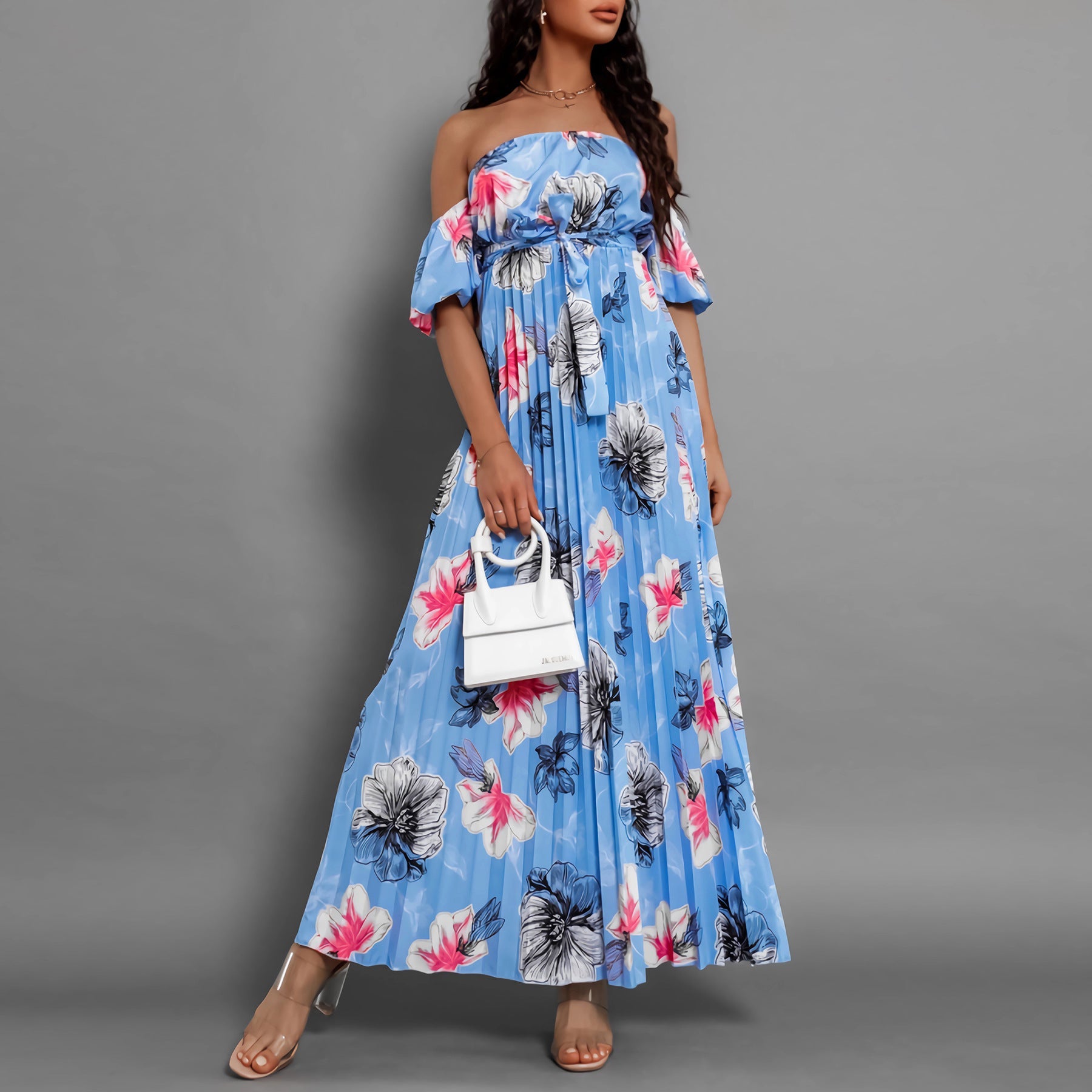 off Neck Pleated Printed Slip Shoulder Sleeve Floral Print Maxi Dress