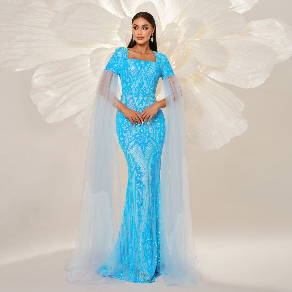 High Class Elegant over Long Sleeve Square Neck Cocktail Sheath Sequined Fishtail Evening