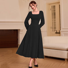 Square Collar Wine Red Dress  Retro Elegant Slim Fit Maxi Dress