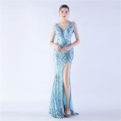 Heavy Industry Ostrich Feather plus Beaded Long Sequined Evening Dress