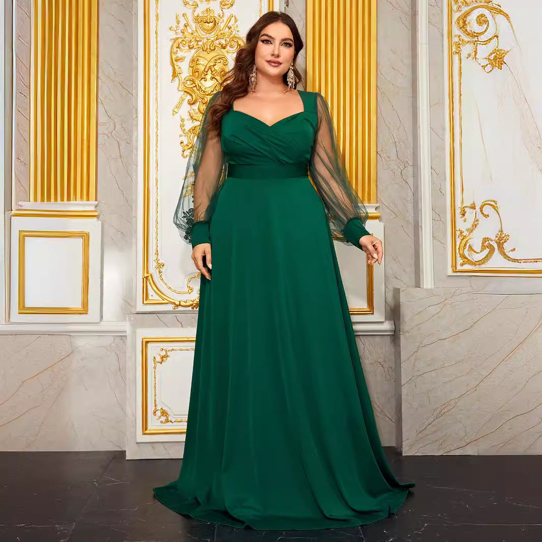 Plus Size Prom Evening Dress Diamond Collar Embroidered Mesh Long Sleeve Backless Fall Dress