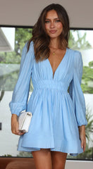 Slimming Deep V Plunge Fitted Waist Pleated Long Sleeve Dress