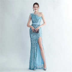 Heavy Industry Ostrich Hair Craft Beading Hair Oblique Shoulder Side Slit High End Evening Dress