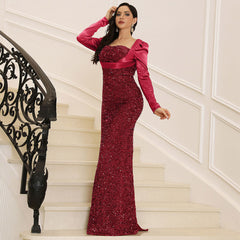 Red Evening High Grade Off Shoulder Backless Sequined Toast Dress Cocktail