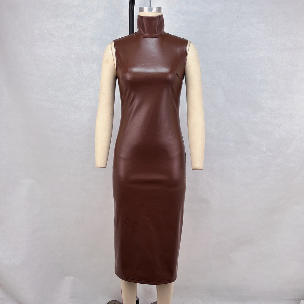 Turtleneck Faux Leather Sleeveless Waist Sheath Split Dress