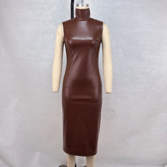 Turtleneck Faux Leather Sleeveless Waist Sheath Split Dress