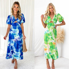 Year Bubble Sleeve Maxi Dress Print V neck Hollow Out Cutout