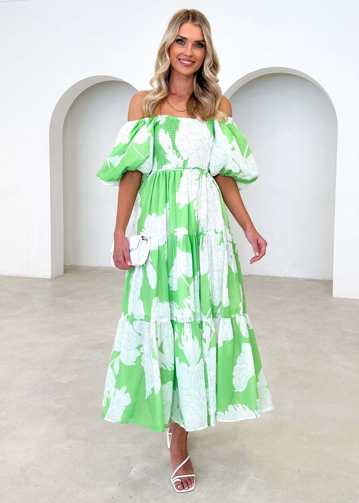 Elegant Floral Print off Shoulder Puff Sleeve