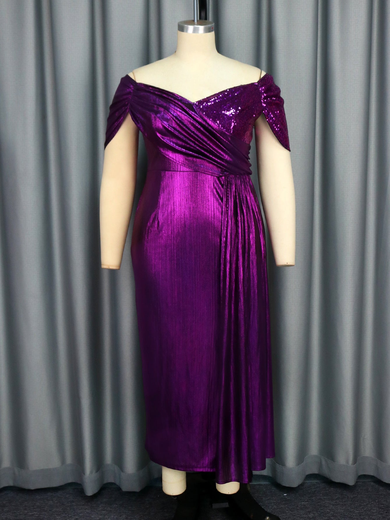 Vestido de cóctel de noche con escote en V y hombros descubiertos, vestido plisado con mangas cortas