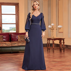 Vestido de manga larga con escote en V y cuentas, vestido maxi ajustado de cola de pez para dama de honor, cóctel de noche