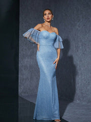 Vestido con hombros descubiertos, elegante, elegante, adelgazante, cola de pez, vestido de noche, interés especial, ligero, de lujo.
