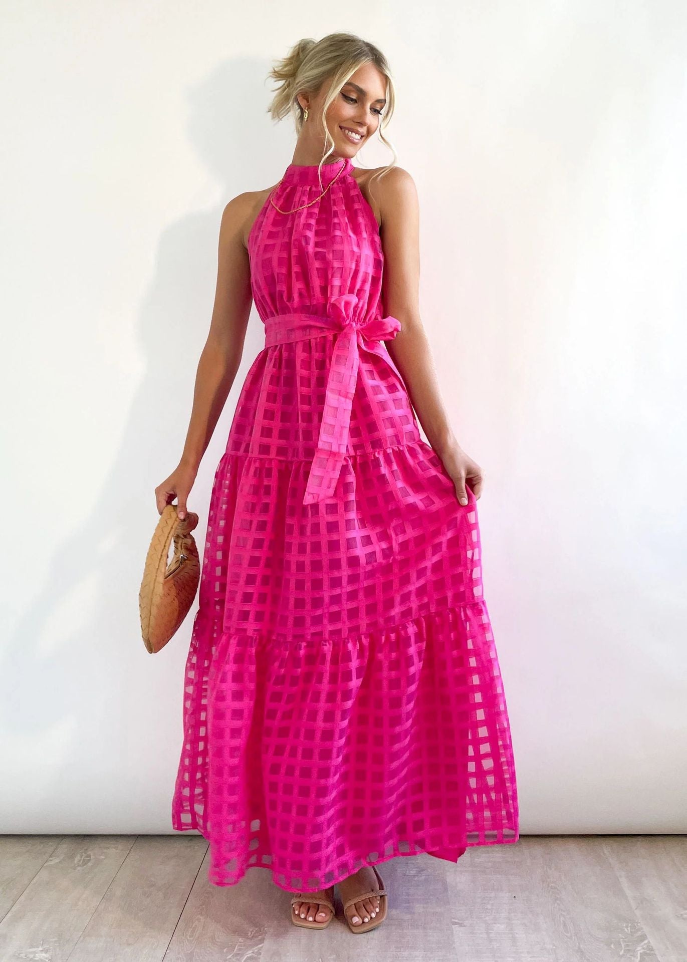 StCollar Solid Color Plaid Retro Maxi Dress Casual Dress for