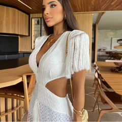 Solid Color One Piece Beach Tassel Hollow Out Cutout Vacation
