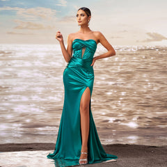 Vestido de dama de honor elegante de alta gama con escote en V y corte en el pecho, largo, de cóctel y vuelo